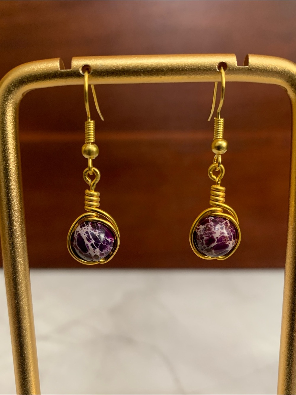 Handmade wire wrapped purple jasper bead earrings